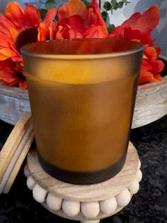 8 ounce soy candle in amber frosted jar with bamboo lid